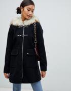 Miss Selfridge Duffle Coat With Faux Fur Trim Hood In Black - Black