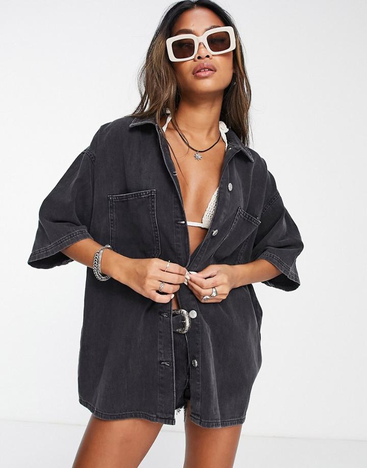 Topshop Lightweight Denim Shirt In Washed Black - Part Of A Set