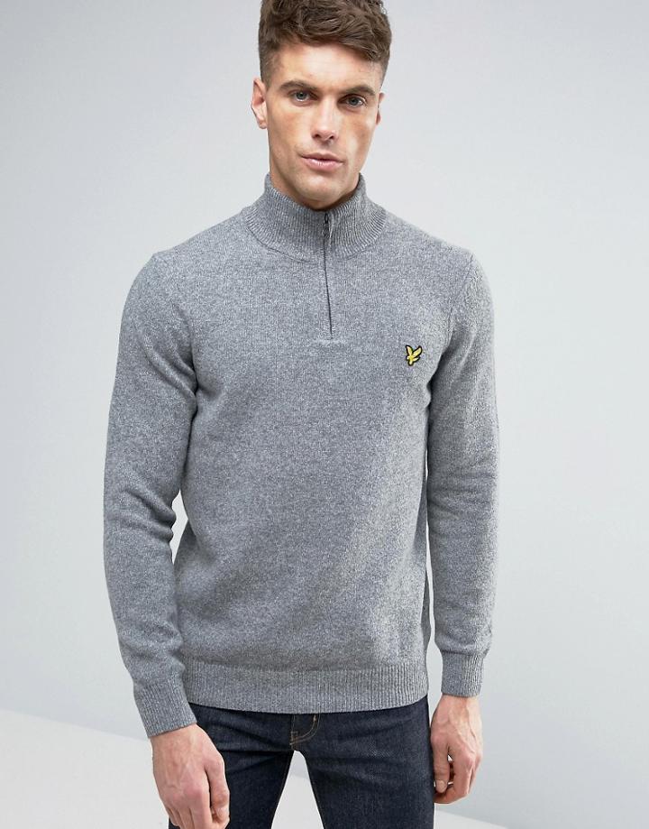 Lyle & Scott Half Zip Knit Sweater Lambswool Eagle Logo In Gray Marl -