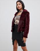 Lipsy Aviator Jacket With Faux Fur Lining In Burgundy-red