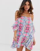 Unique21 Marble Print Chiffon Cold-shoulder Dress-multi