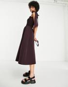Asos Design Tall Shirred Bunny Tie Prom Midi Dress In Aubergine-blue