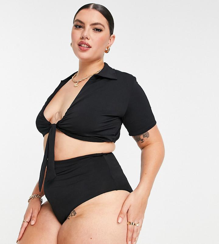 Asos Design Curve High Waist Bikini Bottom In Shiny Black