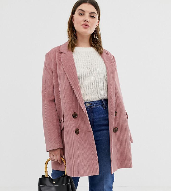 Asos Design Curve Cord Boyfriend Coat - Pink