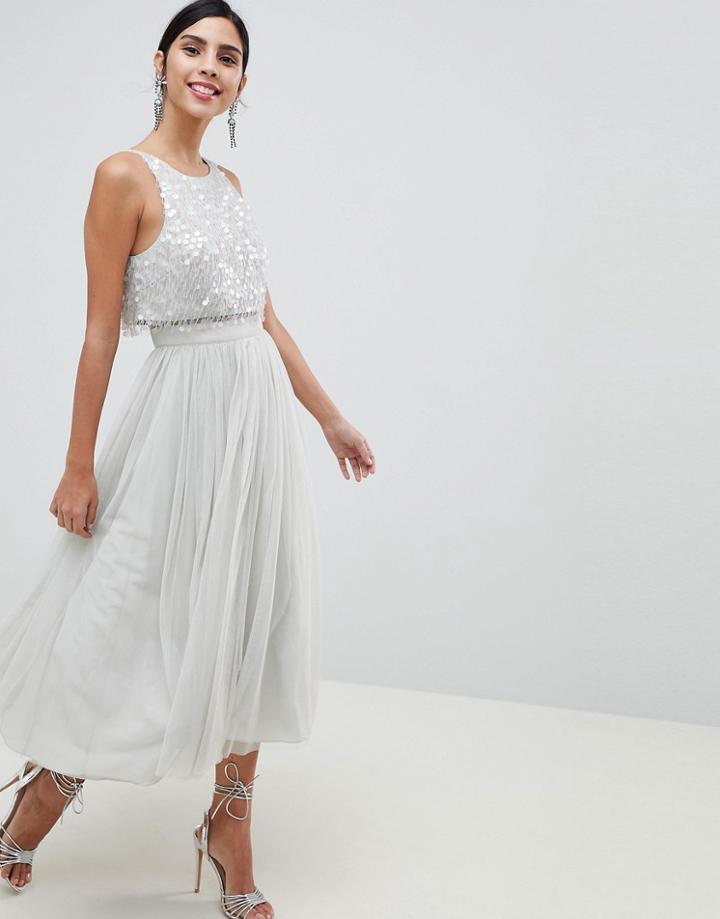 Asos Design Tulle Prom Midi Dress With Delicate Embellished Droplets-blue