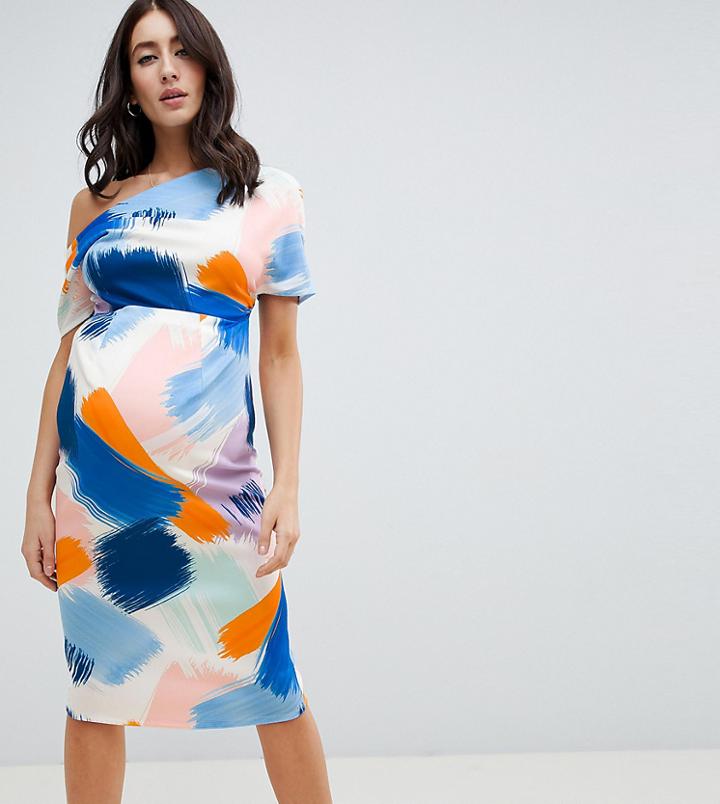 Asos Design Maternity Pleated Shoulder Pencil Dress In Abstract Brush Stroke Print - Multi