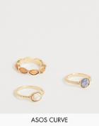 Asos Design Curve Pack Of 3 Rings With Mixed Faux Stone Design In Gold - Gold
