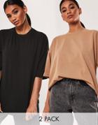 Missguided 2-pack Oversized T-shirts With Drop Shoulder In Black And Camel-multi