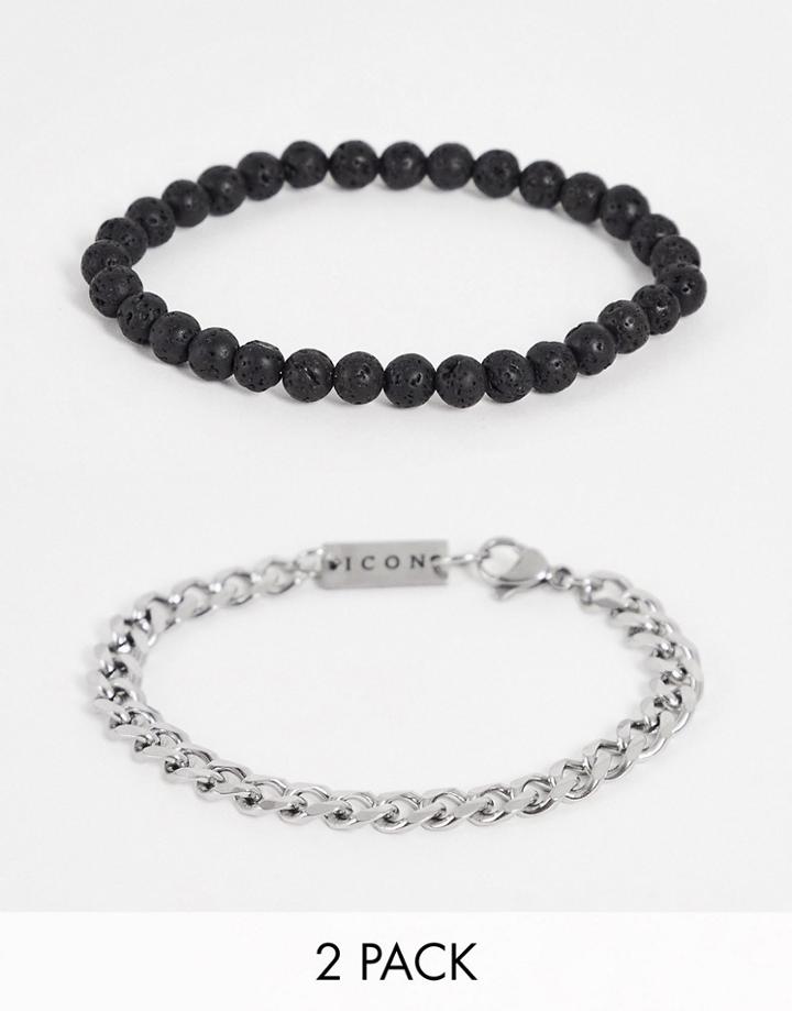 Icon Brand Stainless Steel Volcanic Bead Bracelet In Silver And Black