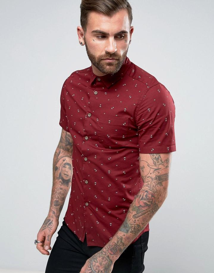 Asos Skinny Anchor Print Shirt In Red - Navy