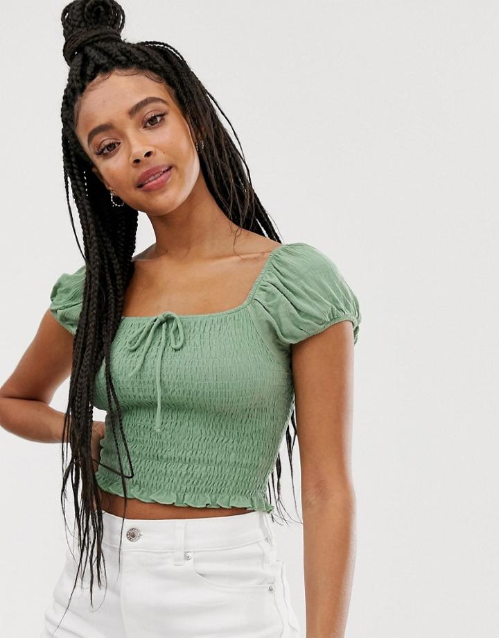 Pull & Bear Shirred Detail Blouse In Green - Green