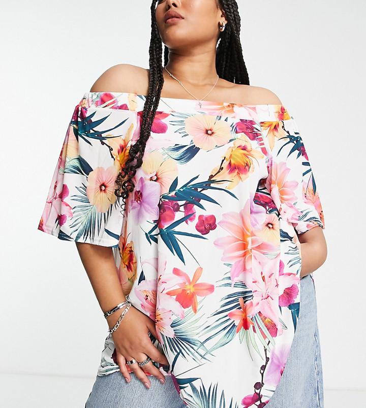 Yours Bardot Top In White Tropical Floral-black