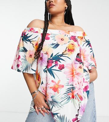 Yours Bardot Top In White Tropical Floral-black