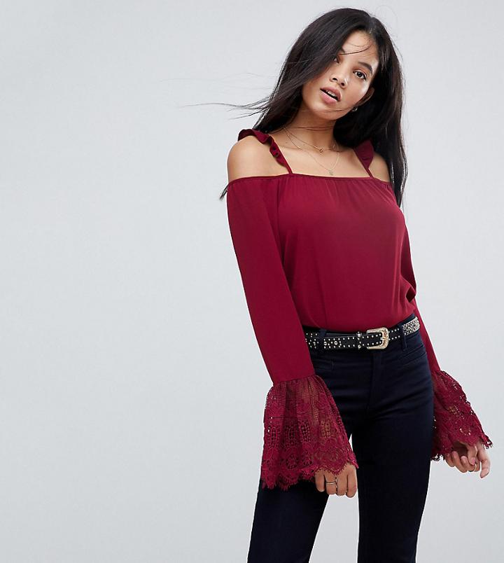 Kiss The Sky Tall Cold Shoulder Strappy Top With Lace Fluted Sleeves - Red