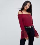 Kiss The Sky Tall Cold Shoulder Strappy Top With Lace Fluted Sleeves - Red