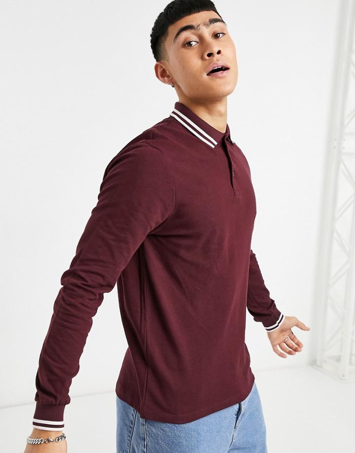 Asos Design Organic Long Sleeve Tipped Pique Polo Shirt In Burgundy-red