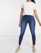 Bershka Skinny Push Up Jean With Raw Hem In Dark Blue-black