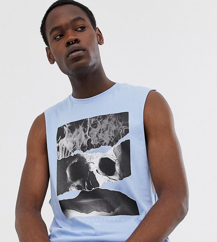 Asos Design Organic Cotton Tall Relaxed Sleeveless T-shirt With Dropped Armhole And Skull Print-blue