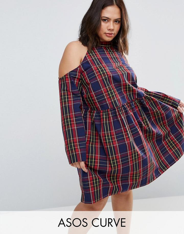 Asos Curve Cold Shoulder Cotton Check Smock Dress - Multi