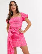 Asos Design Puff Sleeve Mini Dress With Sash Detail In Ditsy Floral-multi