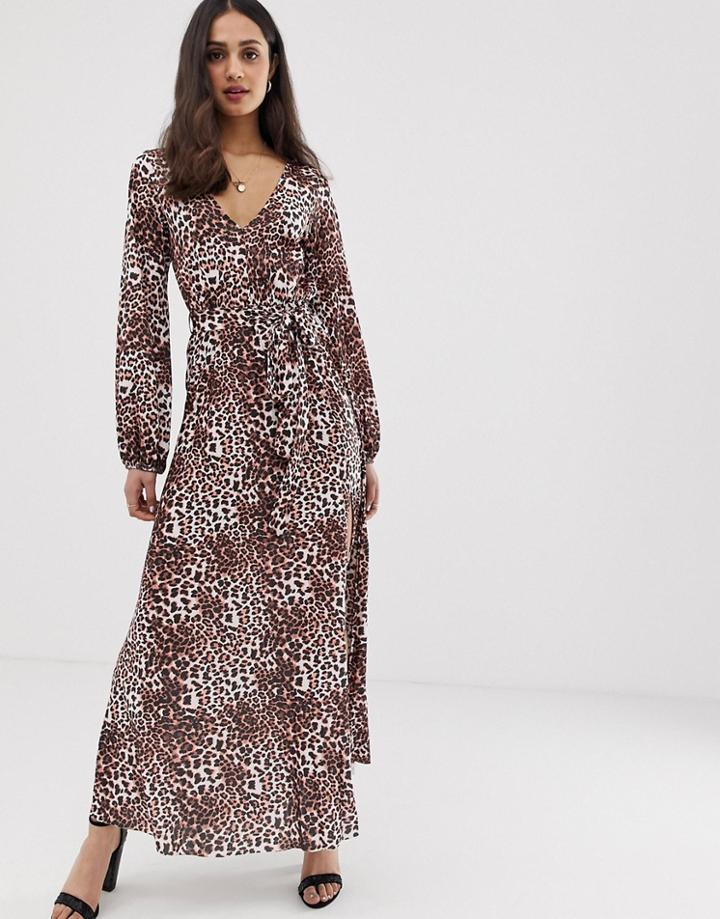 Asos Design Belted Maxi Dress With Pleated Skirt In Leopard Print-yellow