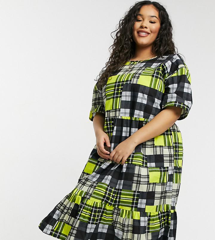 Collusion Plus Exclusive Check Tiered Midi Dress In Multi