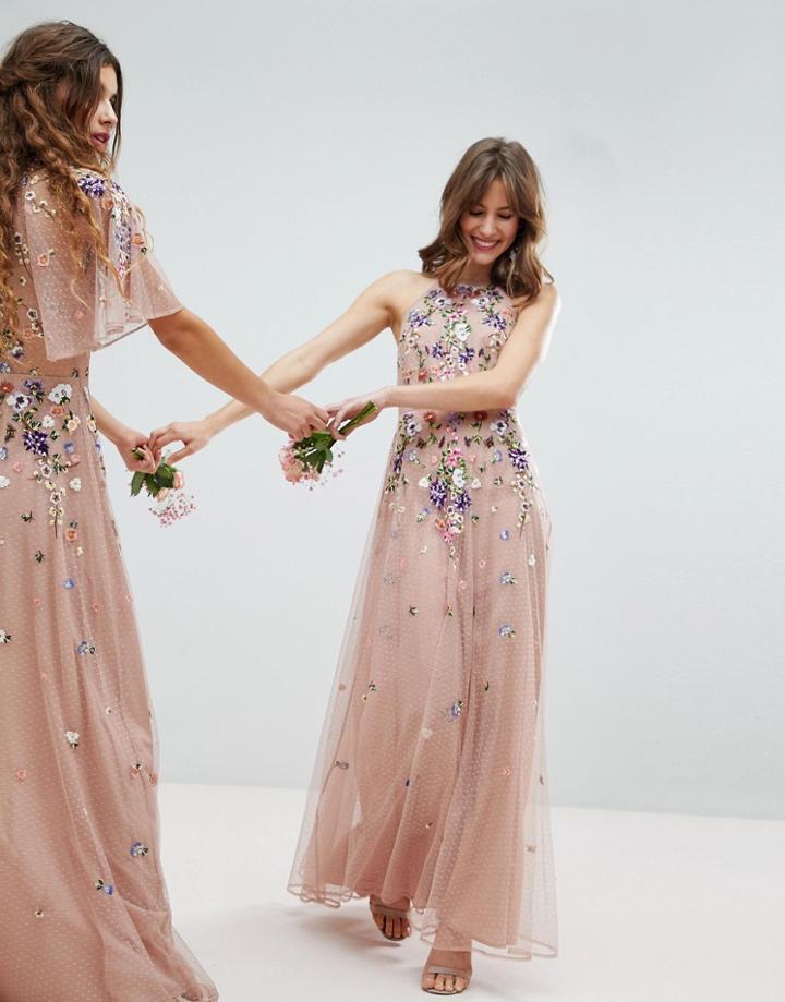 Asos Wedding Floral Embroidered Dobby Mesh Cami Strap Maxi Dress - Pink