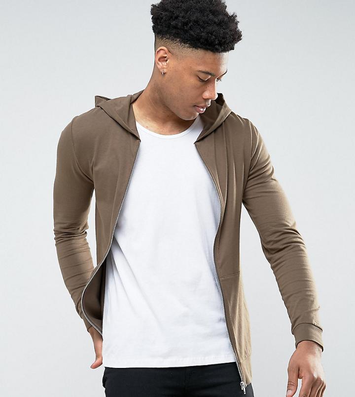 Asos Tall Lightweight Muscle Zip Up Hoodie In Brown - Brown