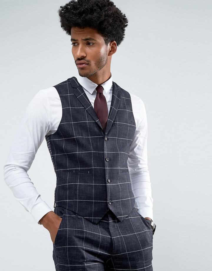 Asos Wedding Skinny Suit Vest In Navy Windowpane Check With Nepp - Navy