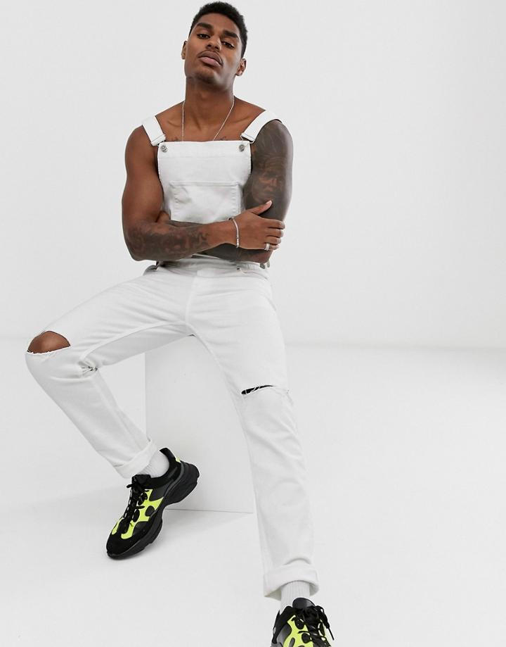 Asos Design Skinny Denim Overalls In White With Knee Rips - White