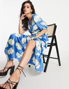 Topshop Blue Splodge Flower Ruffle Textured Wrap Midi Dress In Blue
