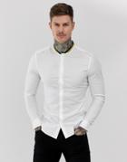 Asos Design Skinny Fit White Shirt With Contrast Rib Collar - White