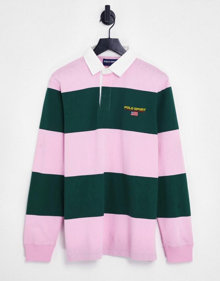 Polo Ralph Lauren Sports Capsule Color Block Stripe Rugby Polo In Pink/green