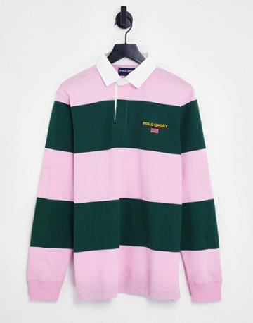 Polo Ralph Lauren Sports Capsule Color Block Stripe Rugby Polo In Pink/green