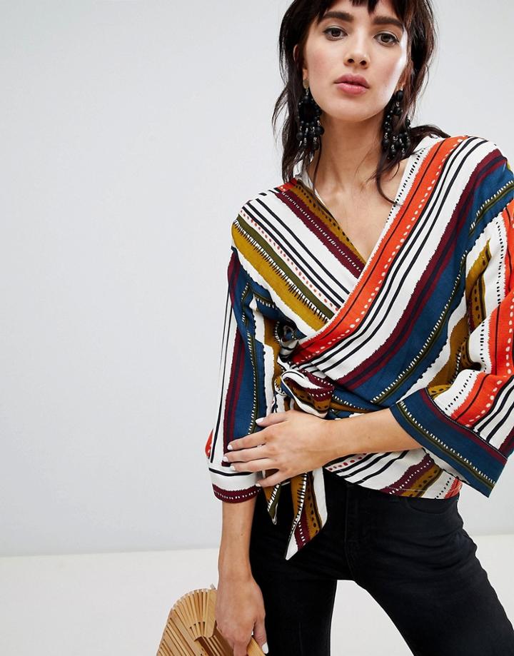 Stradivarius Striped Tie Waist Wrap Top - Multi