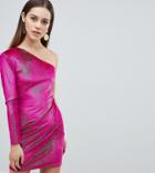 Flounce London Petite Glitter Velvet One Shoulder Mini Dress-pink