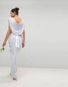 Club L Bridesmaid Wrap Over Draped Maxi Dress With Cowl Back Detail & Diamonte Belt - Blue