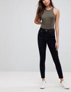 Asos Ridley High Waist Skinny Jeans With Detail In Raw Indigo With Tobacco Threads - Blue