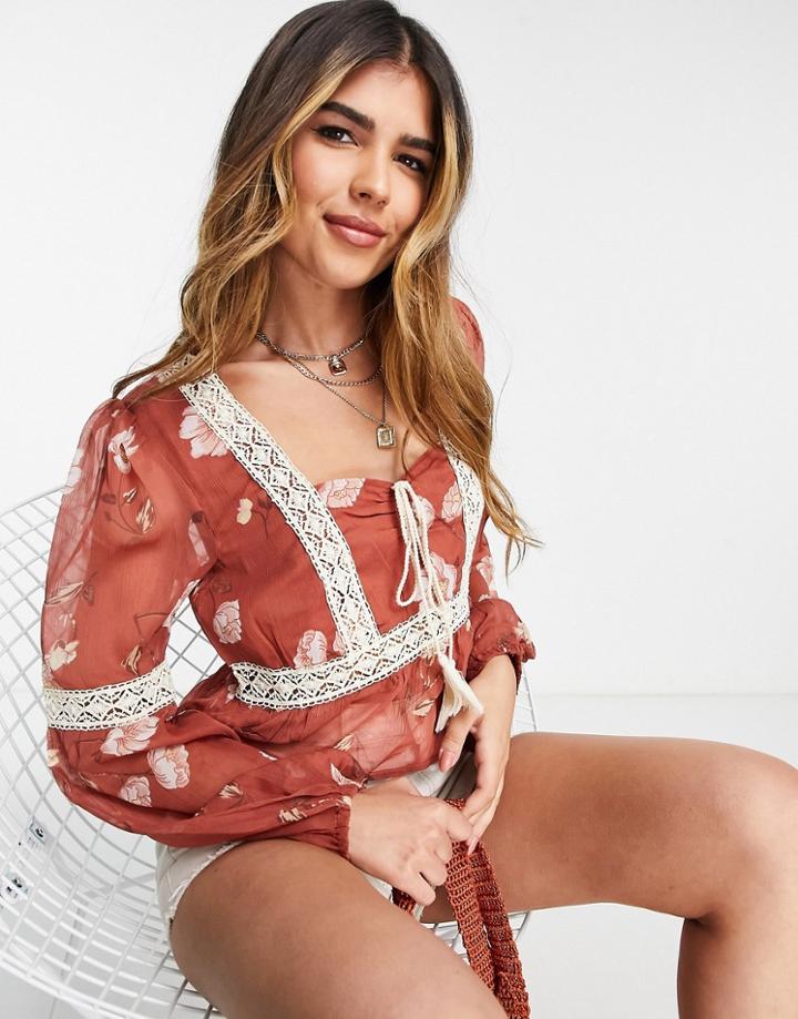 Asos Design Long Sleeve Smock Top With Lace Inserts In Floral Print-multi