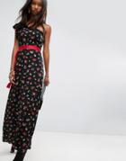 Asos One Shoulder Ditsy Maxi Tea Dress With Grosgrain Belt - Multi