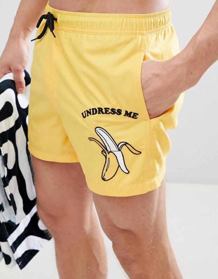 Asos Swim Shorts In Yellow With Undress Me Banana Embroidery In Short Length - Yellow