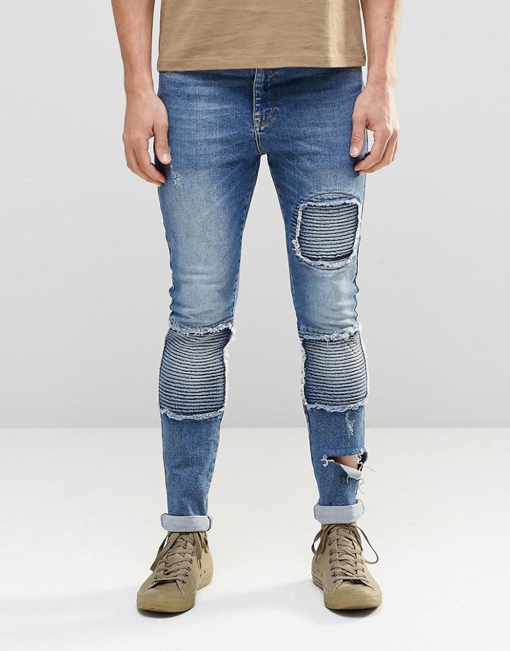 Asos Super Skinny Jeans With Biker Styling In Blue - Light Blue