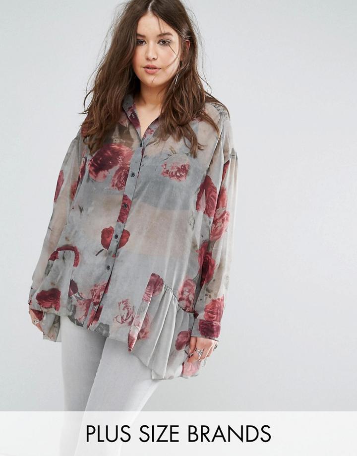 Religion Plus Faded Rose Shirt With Ruffle Hem - Multi
