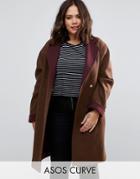 Asos Curve Coat With Contrast Collar And Cuff - Brown