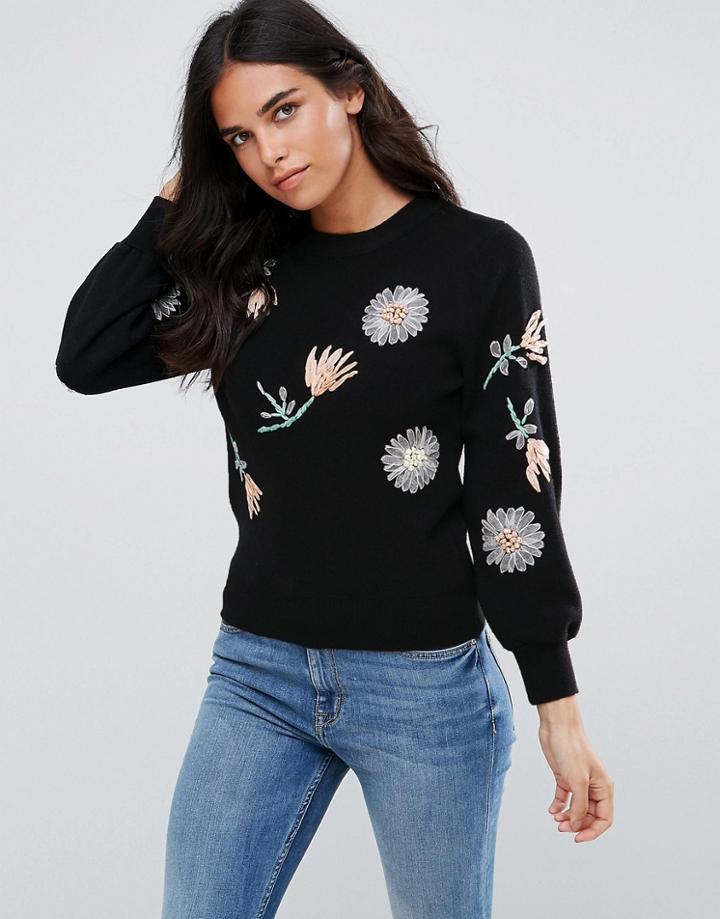 Amy Lynn Floral Embellished Sweater - Black