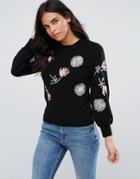 Amy Lynn Floral Embellished Sweater - Black