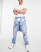 Jack & Jones Chris Loose Fit Jean With Knee Rips In Mid Blue