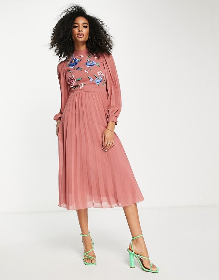 Asos Design High Neck Pleated Long Sleeve Skater Midi Dress With Embroidery In Dusky Pink