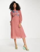 Asos Design High Neck Pleated Long Sleeve Skater Midi Dress With Embroidery In Dusky Pink