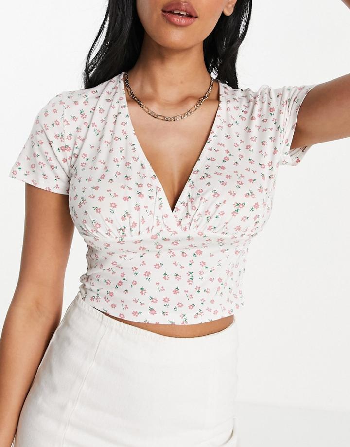 Asos Design Hourglass Wrap Crop Top With Cap Sleeve In White Floral